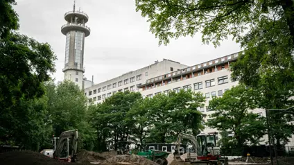 Boligområdet Lundtoftegade på Nørrebro omgivet af træer og med Telehuset i baggrunden.